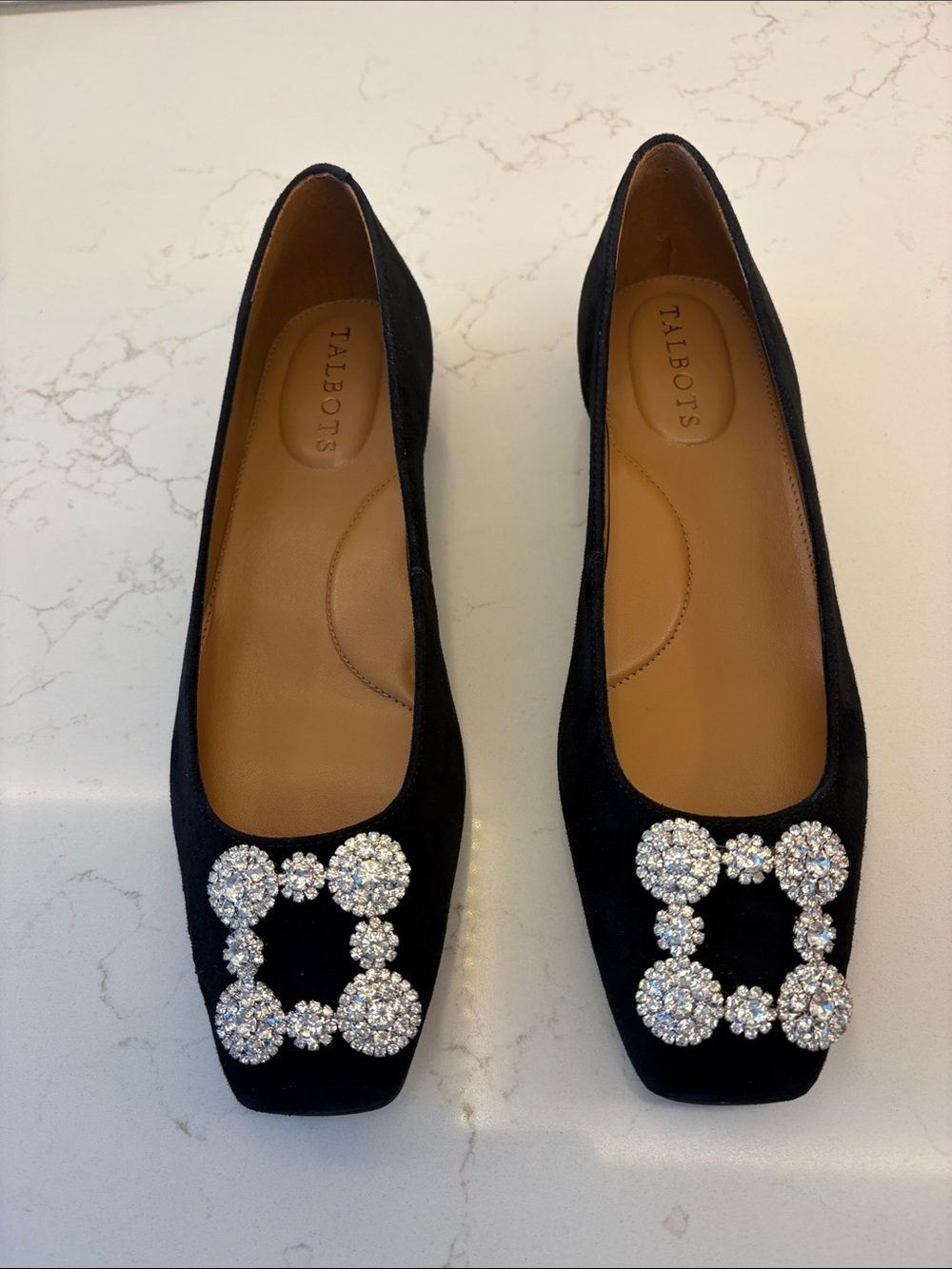 Talbots Black Suede Flats with Crystal Square Buckles